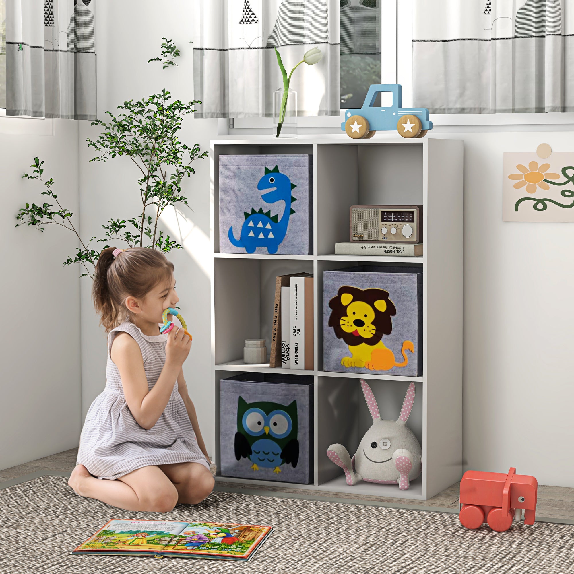 Estante para Brinquedos com 6 Compartimentos 61,8x29,9x91,5 cm - Branco e Cinza