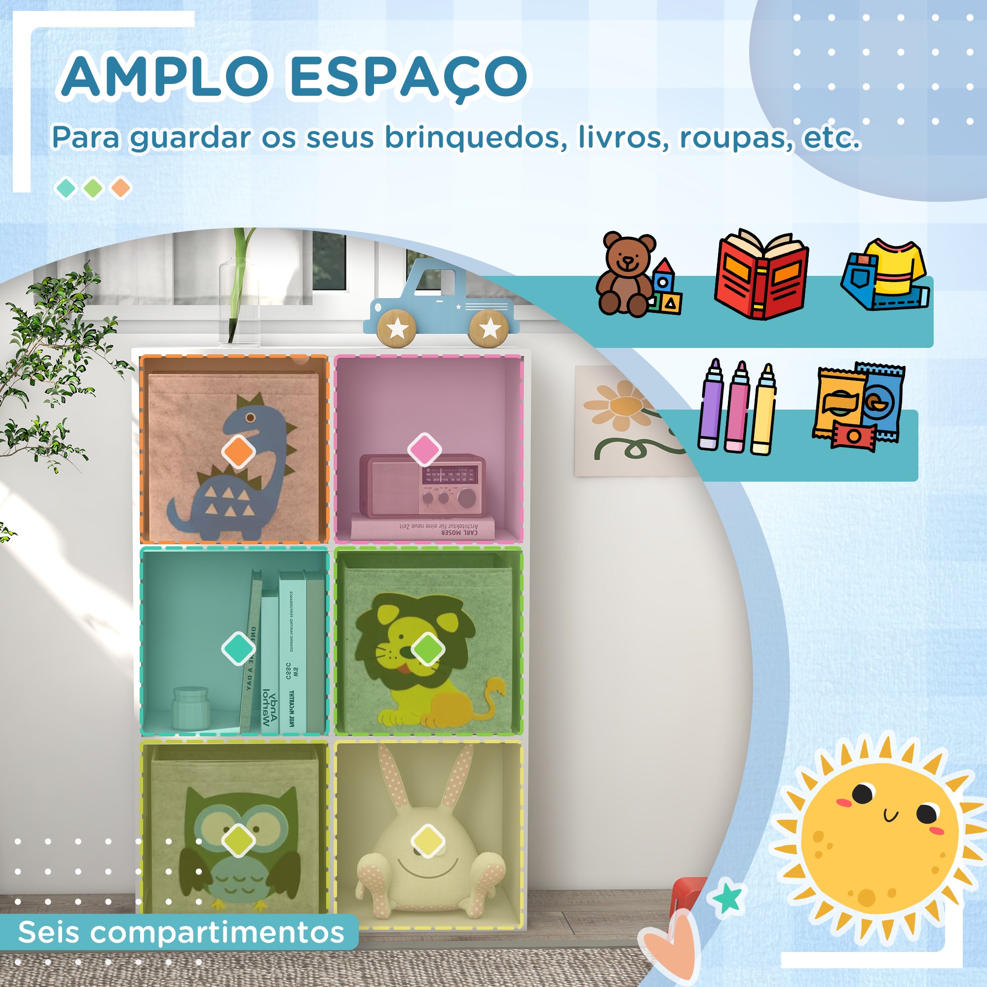 Estante para Brinquedos com 6 Compartimentos 61,8x29,9x91,5 cm - Branco e Cinza