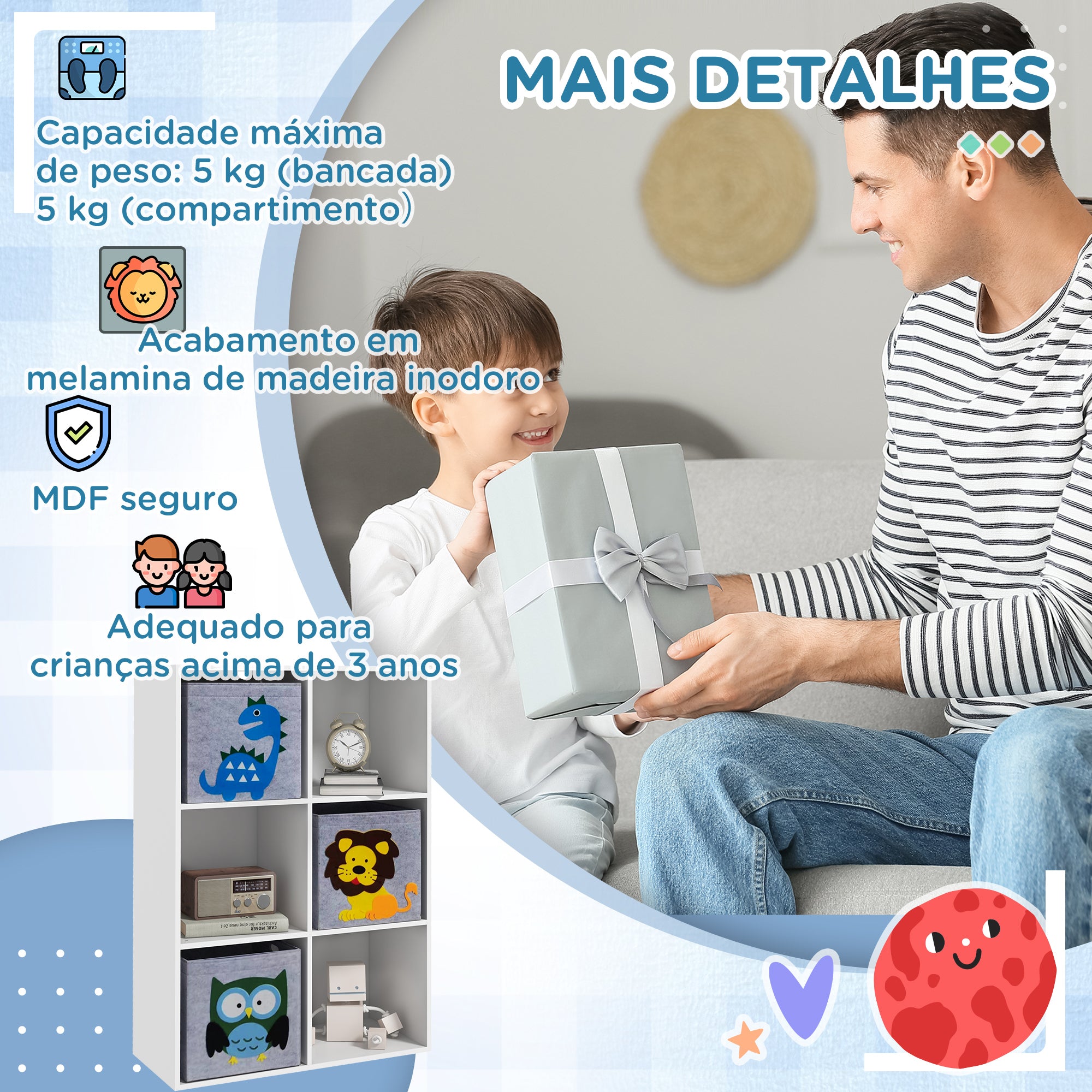 Estante para Brinquedos com 6 Compartimentos 61,8x29,9x91,5 cm - Branco e Cinza