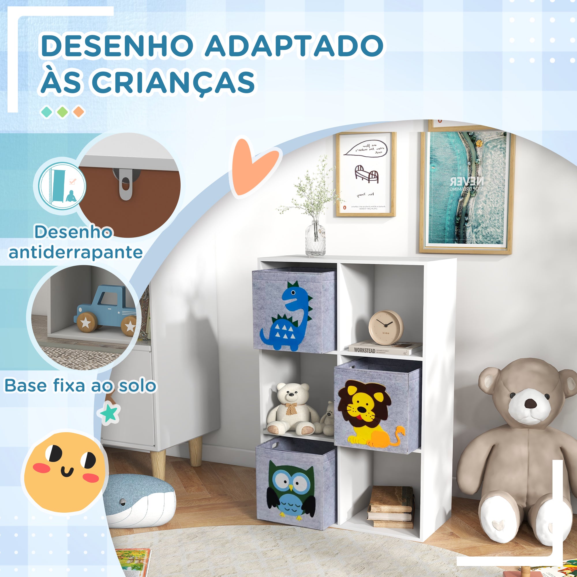 Estante para Brinquedos com 6 Compartimentos 61,8x29,9x91,5 cm - Branco e Cinza