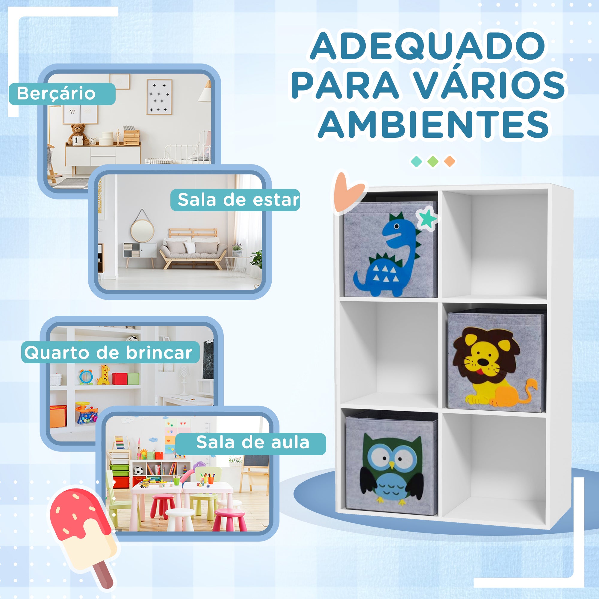 Estante para Brinquedos com 6 Compartimentos 61,8x29,9x91,5 cm - Branco e Cinza