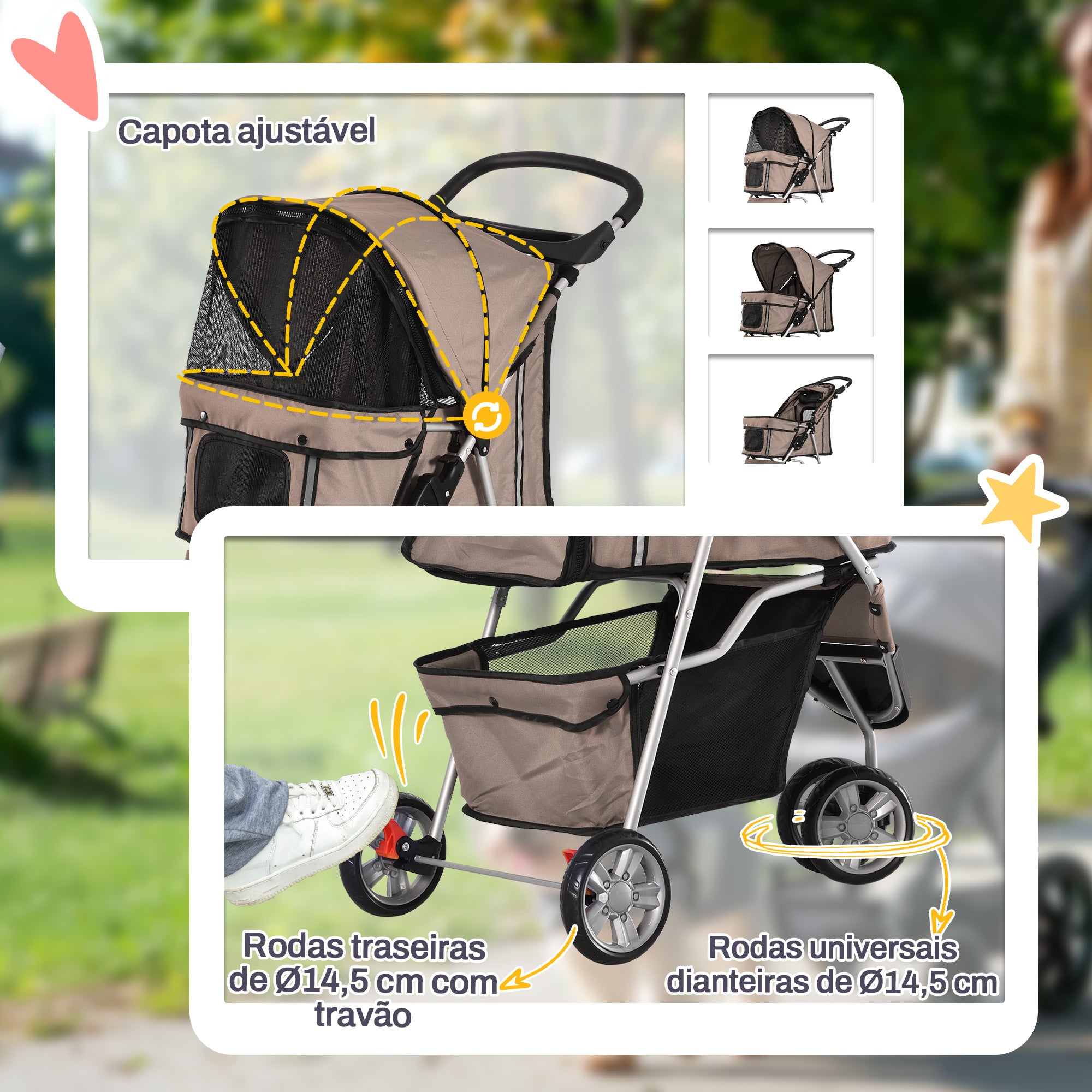 Carrinho para Animais de Estimação Dobrável 75x45x97cm Cor Marrom