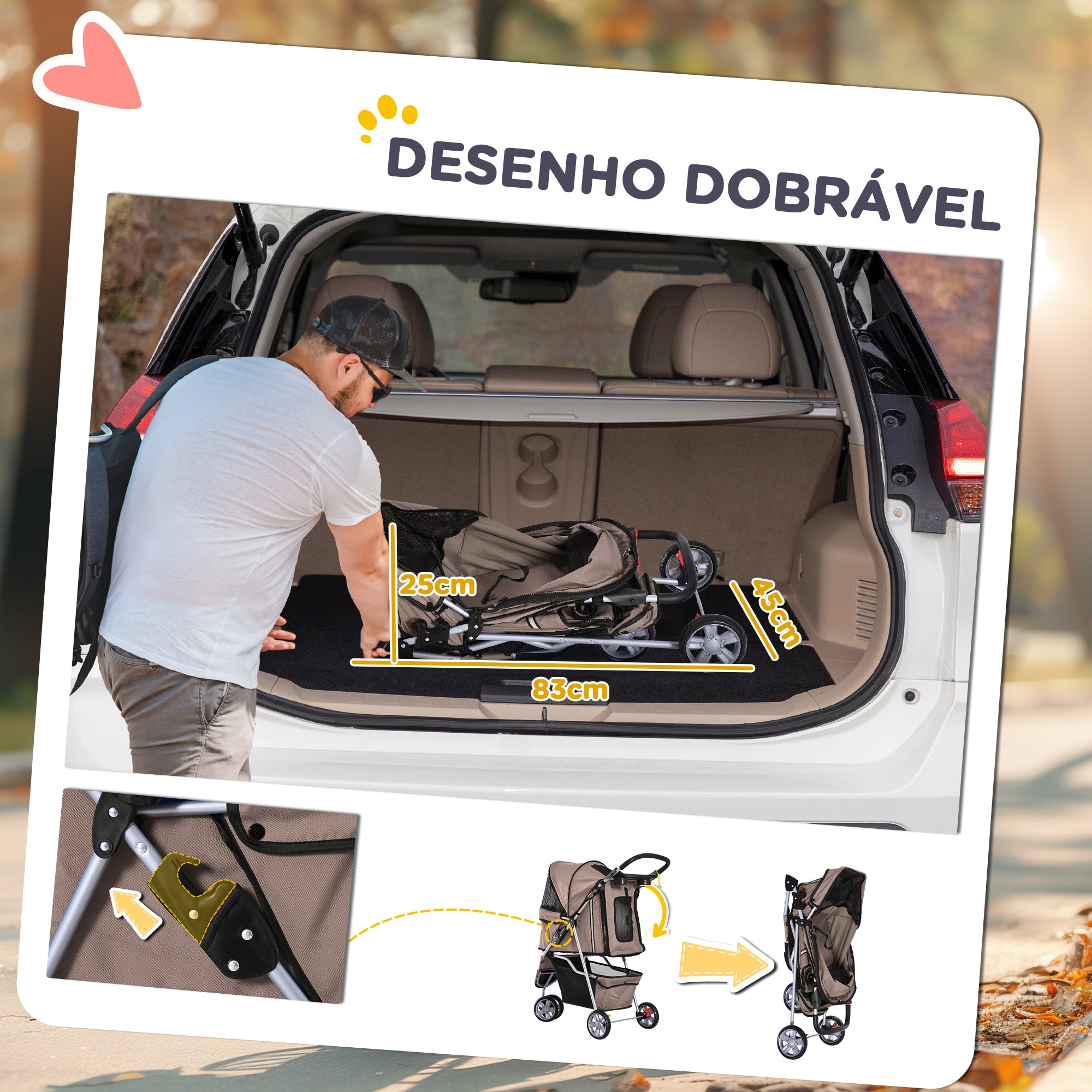 Carrinho para Animais de Estimação Dobrável 75x45x97cm Cor Marrom
