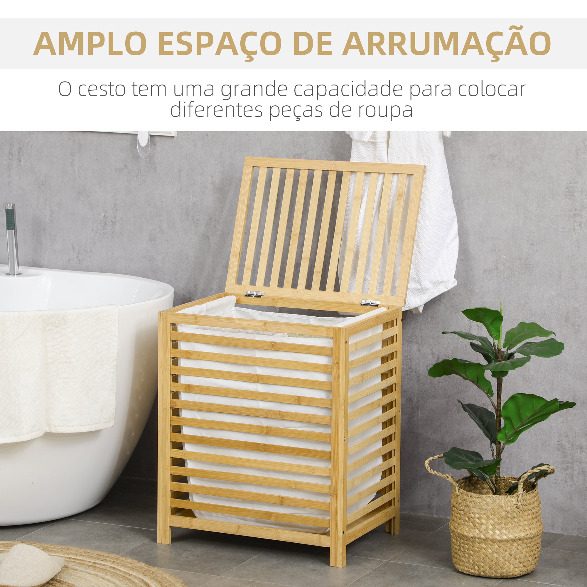 Cesto de Roupa de Bambu – 50x36x60 cm – Cor de Madeira Natural