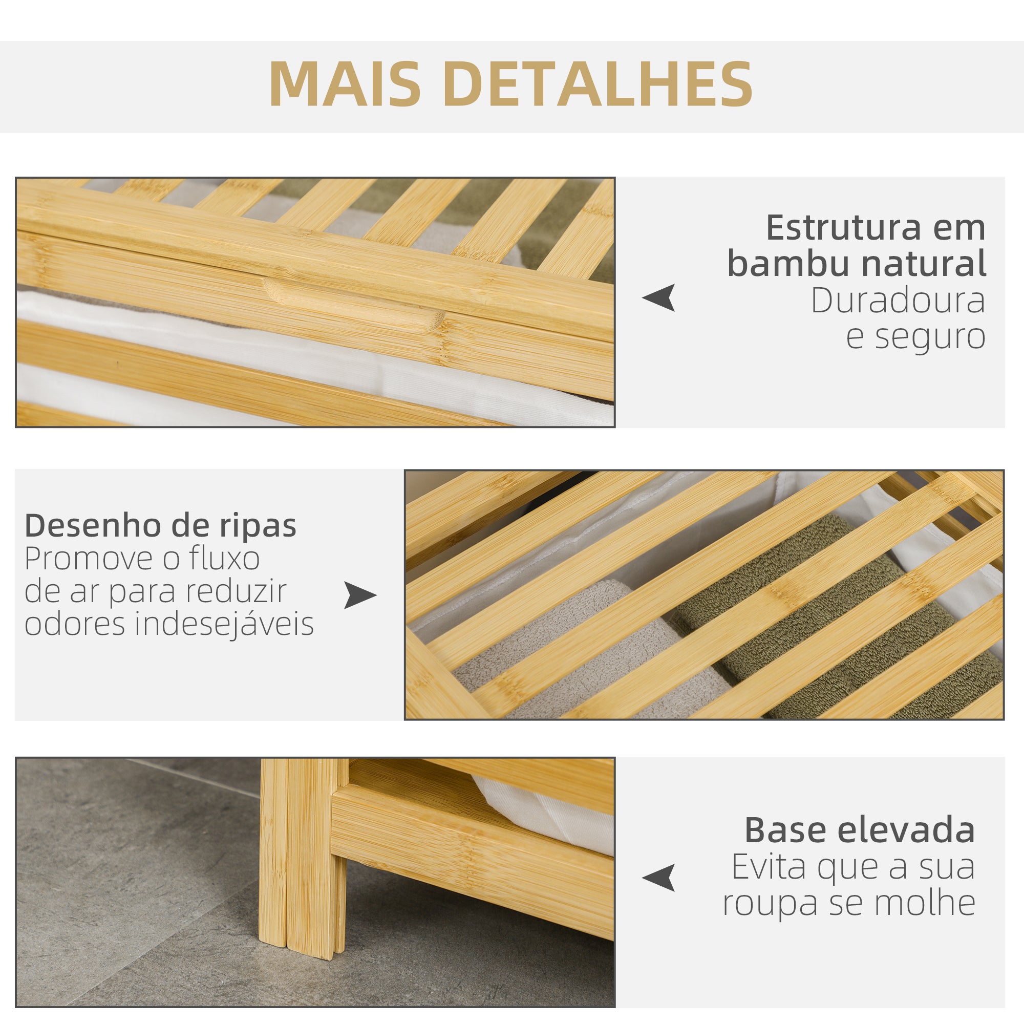 Cesto de Roupa de Bambu – 50x36x60 cm – Cor de Madeira Natural