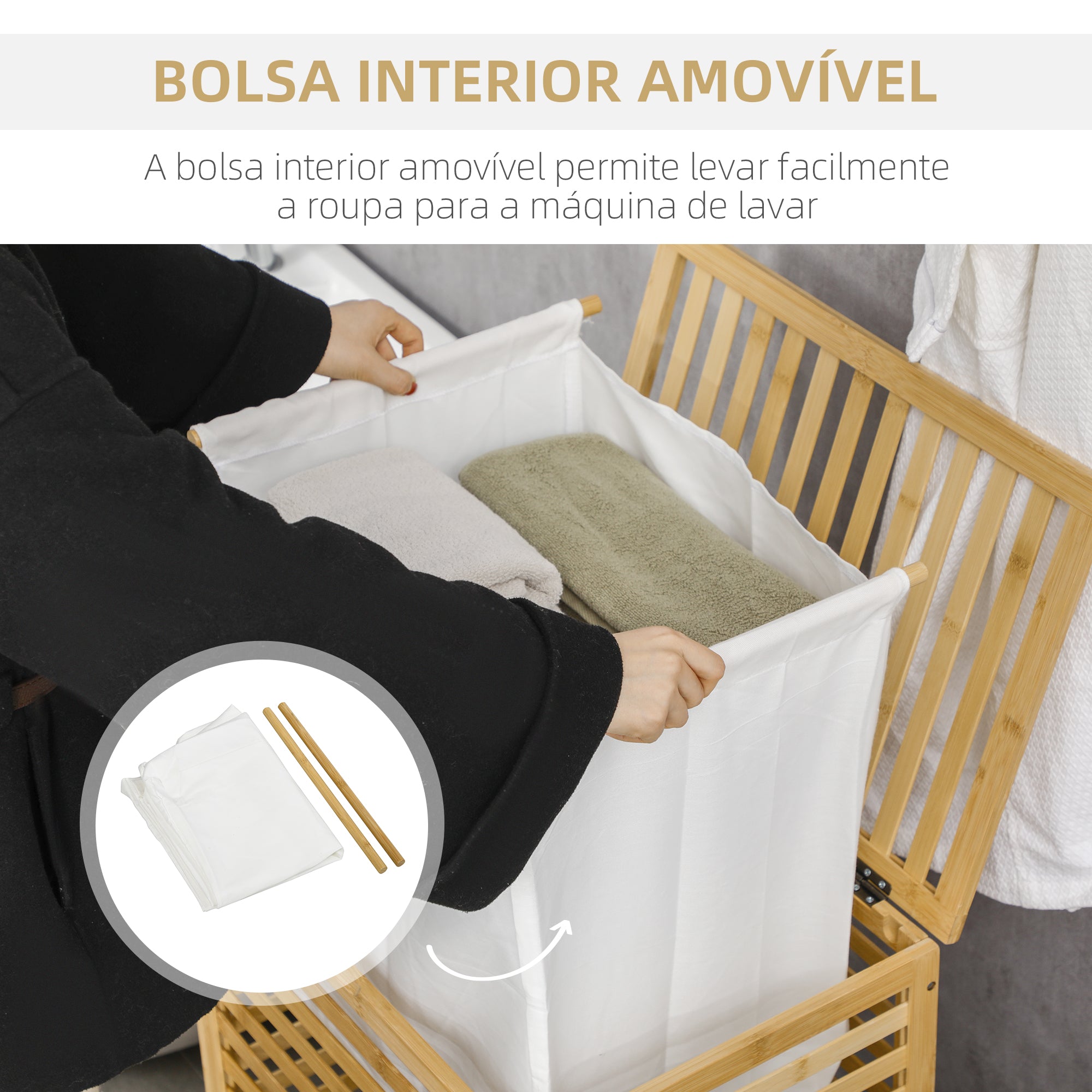 Cesto de Roupa de Bambu – 50x36x60 cm – Cor de Madeira Natural