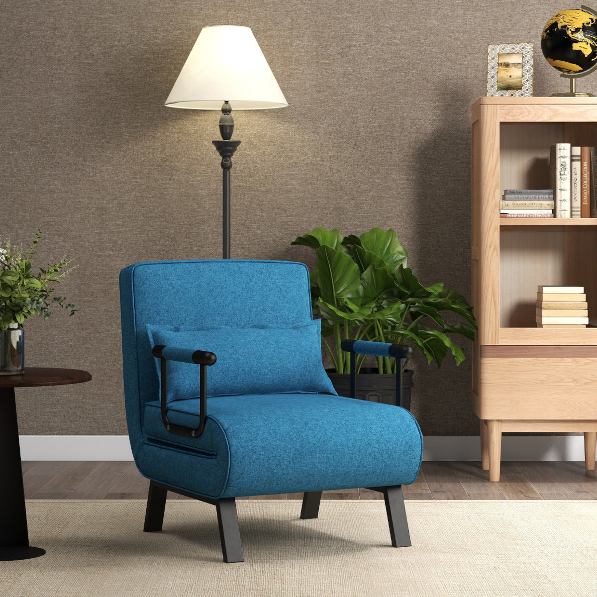 Sofá Cama Convertível Dobrável Poltrona de Dormir Individual Encosto Ajustável Almofada Removível Azul