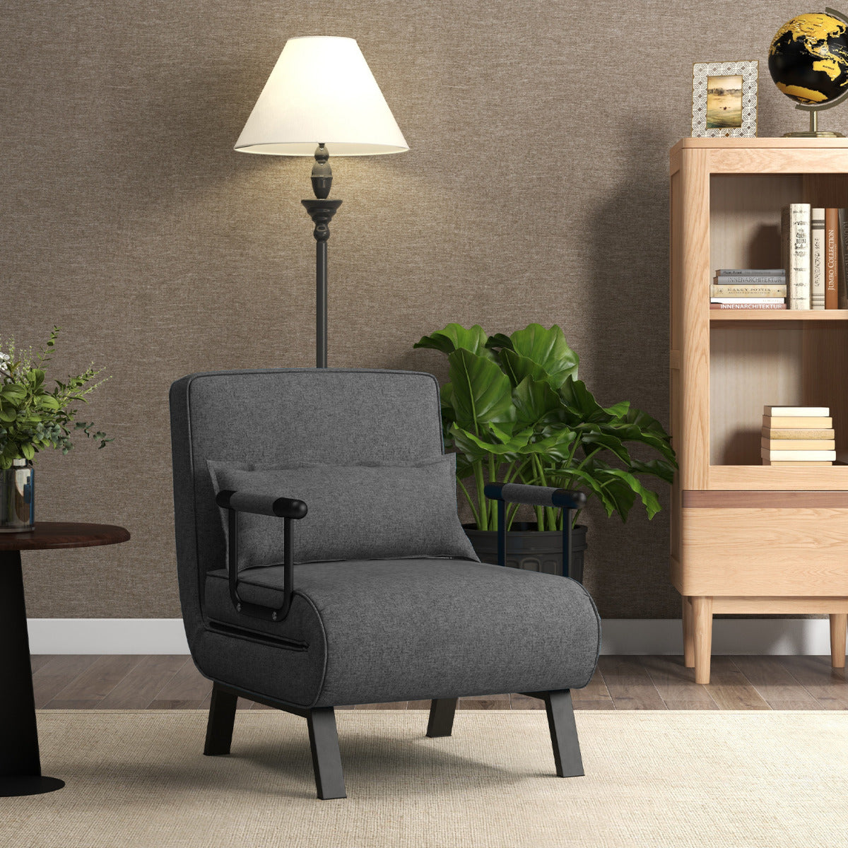 Sofá Cama Conversível Dobrável Poltrona de Dormir Individual Encosto Ajustável Almofada Removível Estofada para Casa Escritório Cinza Escuro