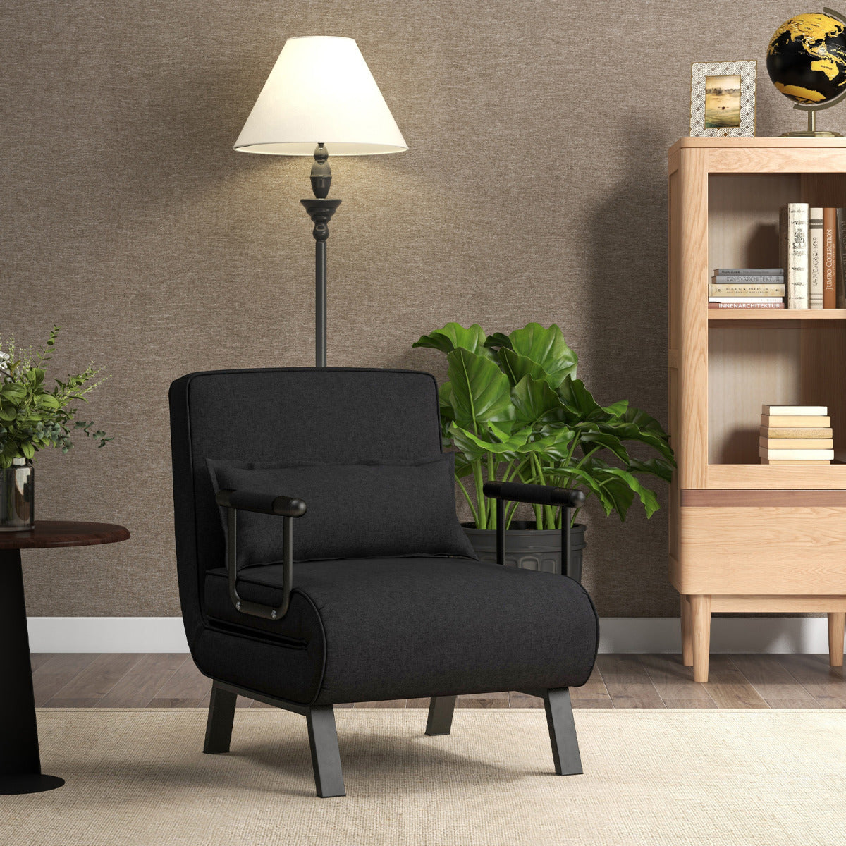 Sofá Cama Conversível Dobrável Poltrona de Dormir Individual Encosto Ajustável Almofada Removível Estofada para Casa Escritório Preto