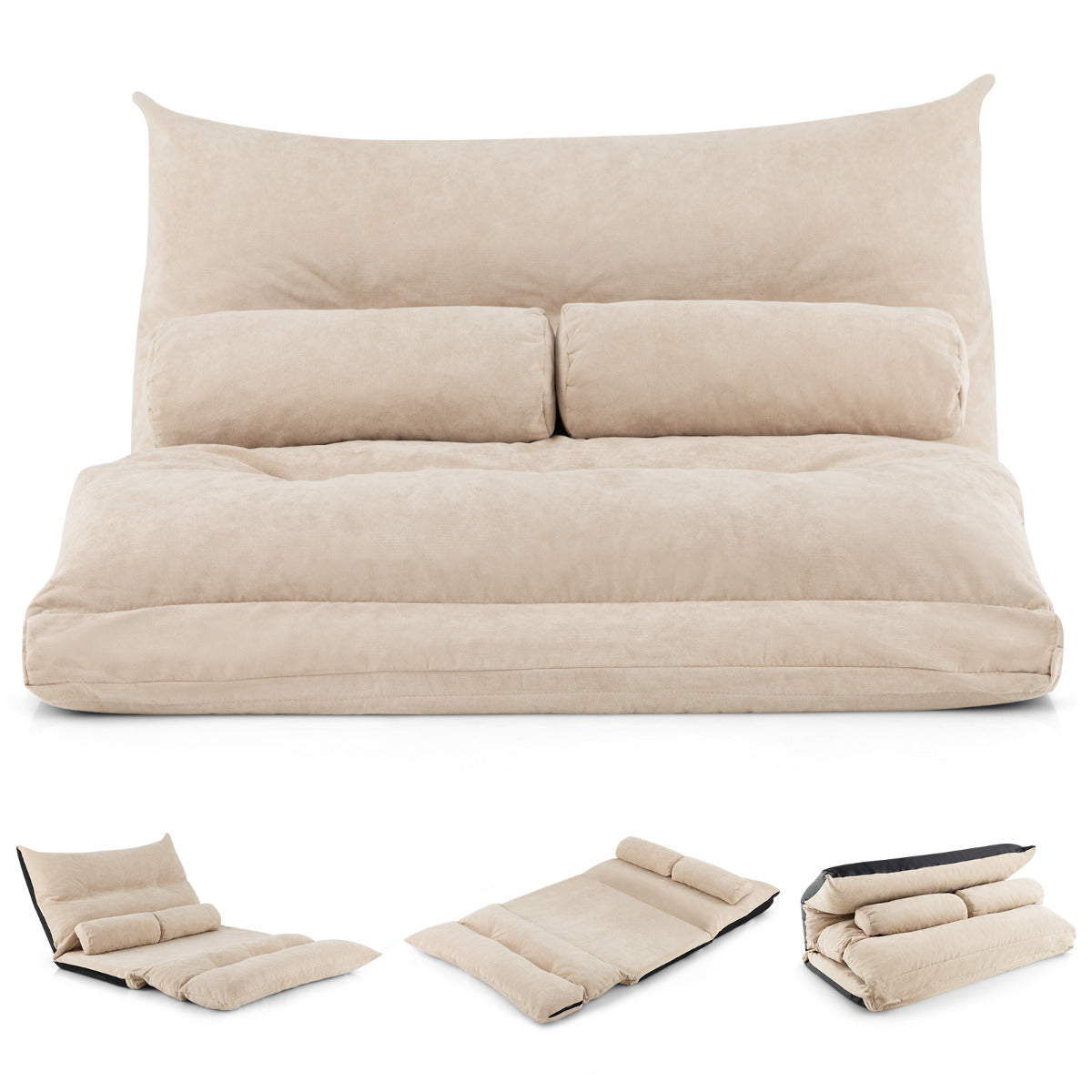 Sofá Cama de Chão Dobrável 3 em 1 com Encosto Ajustável Sofá Cama Conversível com 2 Almofadas Sofá de Chão para Sala Quarto Bege