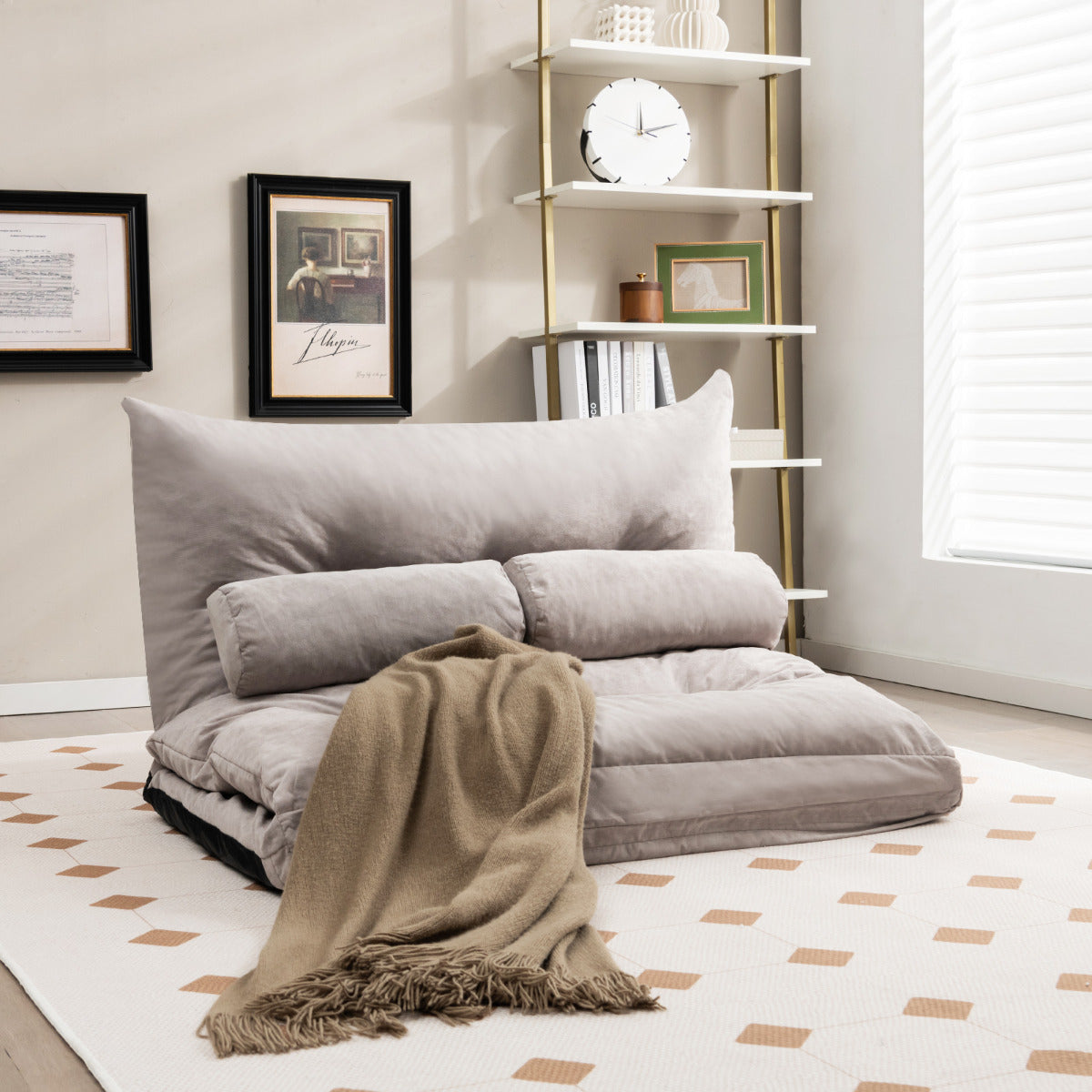 Sofá Cama de Chão Dobrável 3 em 1 com Encosto Ajustável Sofá Cama Conversível com 2 Almofadas Sofá de Chão para Sala Quarto Cinzento