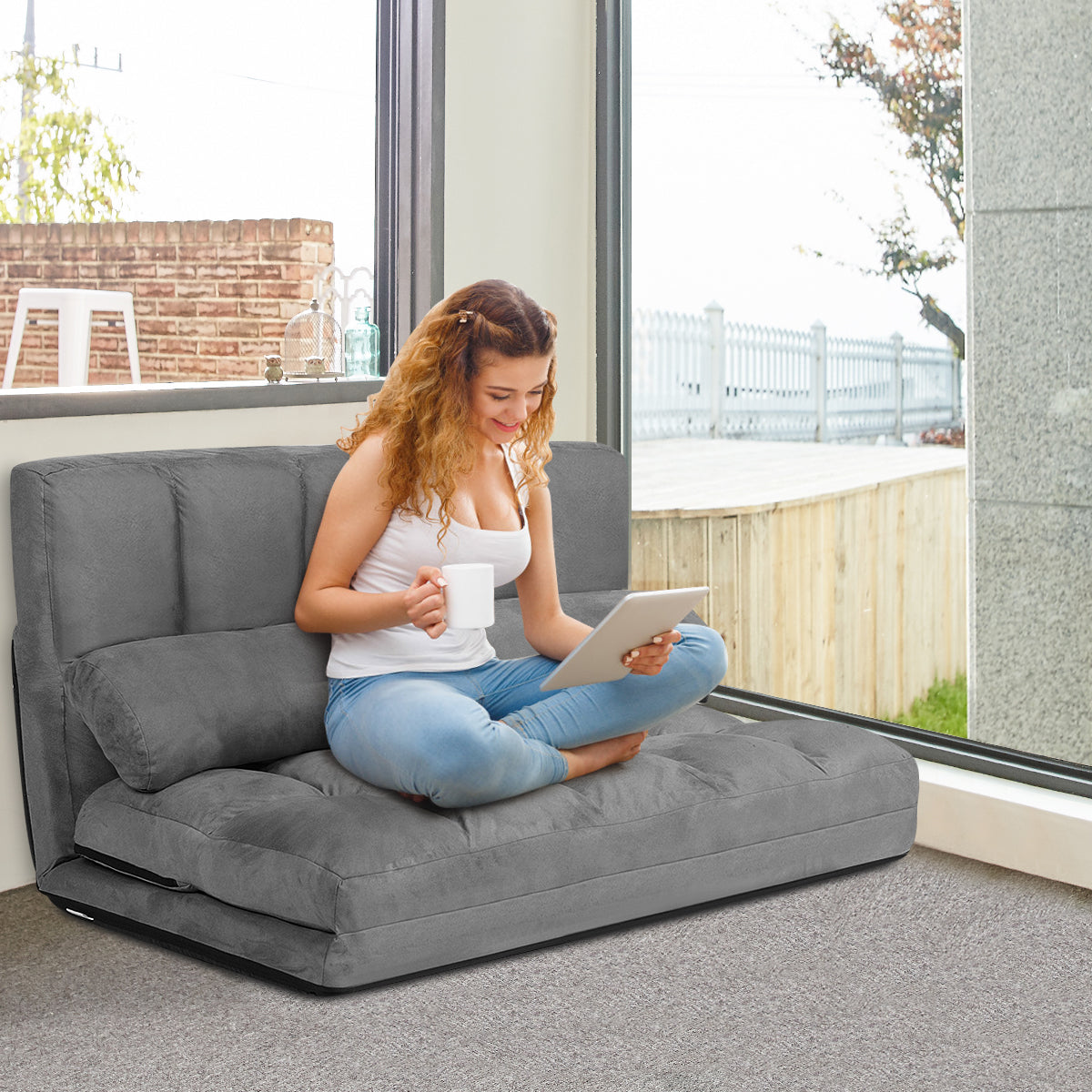 Sofá de Chão Regulável Sofá Cama Dobrável em 6 Posições Revestimento Removível em Camurça com 2 Almofadas para Quarto Sala Varanda Cinzento