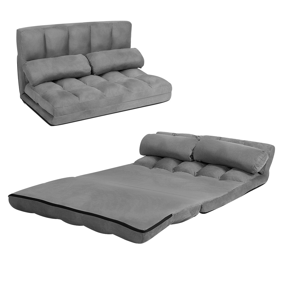 Sofá de Chão Regulável Sofá Cama Dobrável em 6 Posições Revestimento Removível em Camurça com 2 Almofadas para Quarto Sala Varanda Cinzento