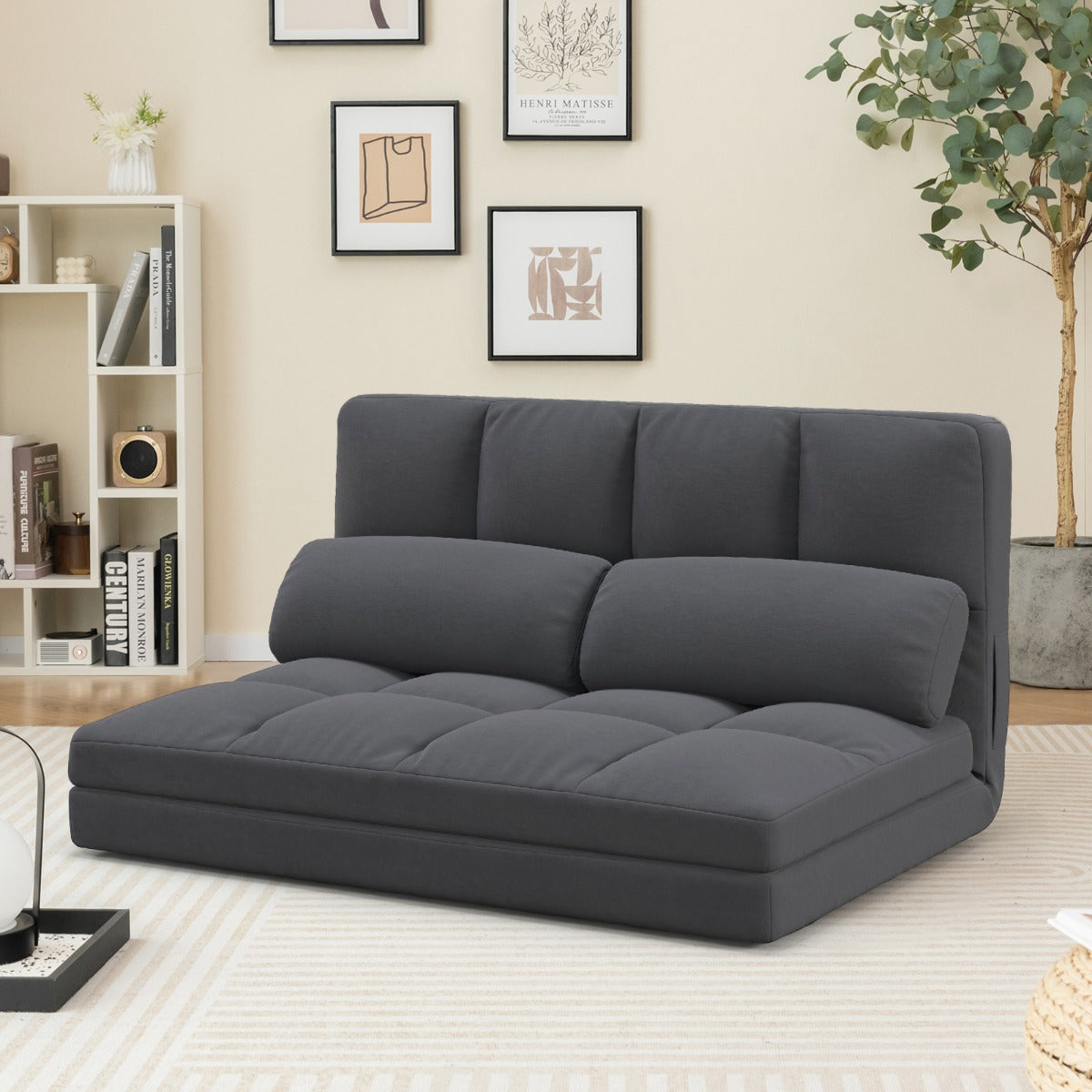 Sofá Cama Dobrável de 2 Lugares com Encosto Ajustável em 6 Posições Capa de Veludo e 2 Almofadas para Quarto Cinzento Escuro