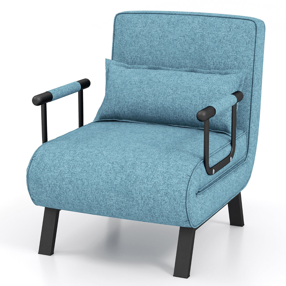 Sofá Cama Convertível Dobrável Poltrona de Dormir Individual Encosto Ajustável Almofada Removível Assento Estofado Casa Escritório Azul Claro