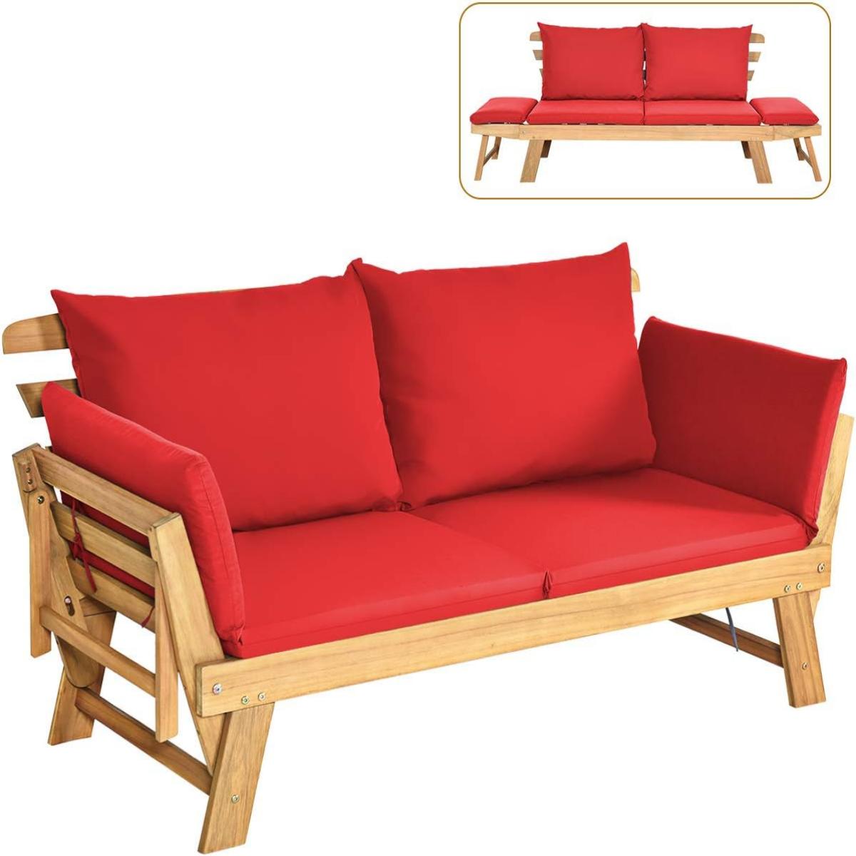 Sofá Cama Conversível de Pátio – 198 x 75 x 75 cm – Vermelho – Madeira de Acácia
