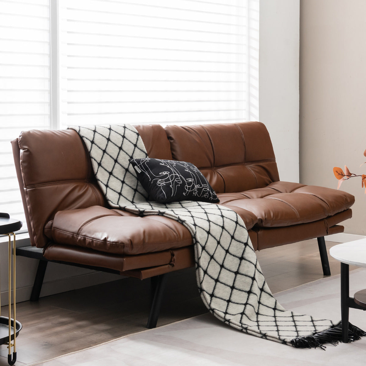 Sofá Cama Reclinável de 3 Lugares em PU Futon Conversível com Espuma Viscoelástica e Encosto e Apoios de Braços Ajustáveis para Casa Escritório Castanho