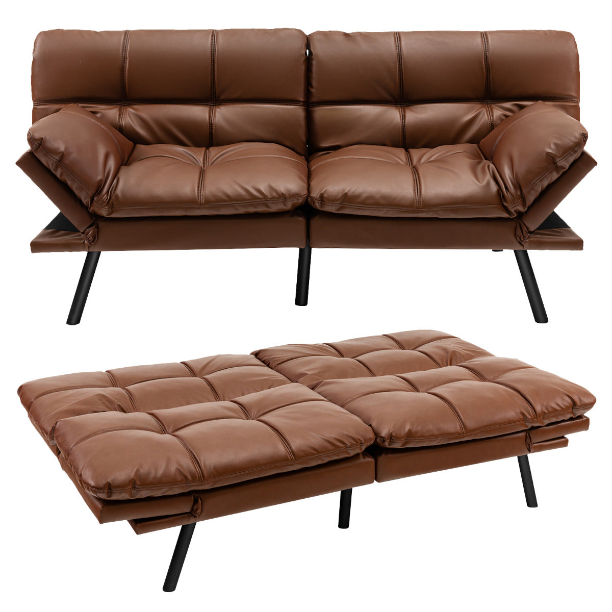 Sofá Cama Reclinável de 3 Lugares em PU Futon Conversível com Espuma Viscoelástica e Encosto e Apoios de Braços Ajustáveis para Casa Escritório Castanho