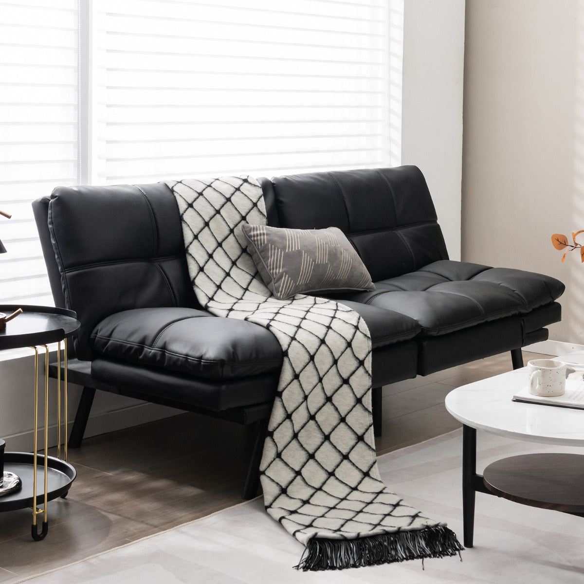 Sofá Cama Reclinável de 3 Lugares em PU Futon Conversível de Espuma Viscoelástica com Encosto e Apoios de Braços Ajustáveis para Casa e Escritório em Preto