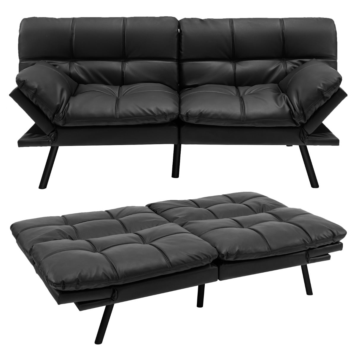 Sofá Cama Reclinável de 3 Lugares em PU Futon Conversível de Espuma Viscoelástica com Encosto e Apoios de Braços Ajustáveis para Casa e Escritório em Preto