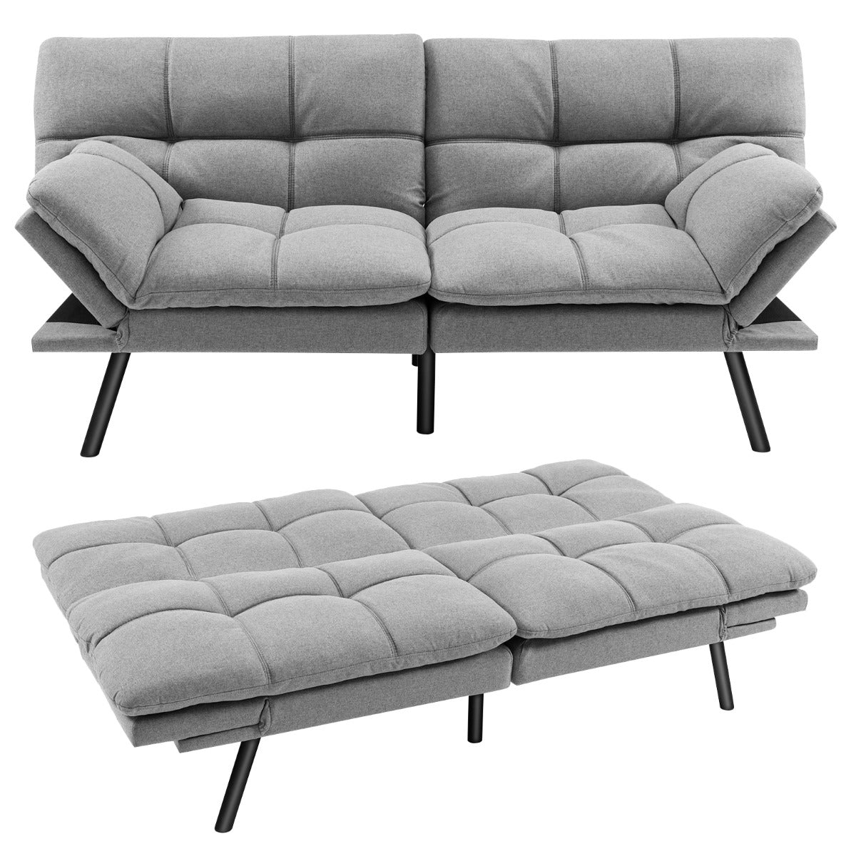 Sofá Cama Dobrável de 3 Lugares Futon Conversível em Espuma Viscoelástica com Encosto e Apoios de Braços Ajustáveis para Casa e Escritório Cinzento