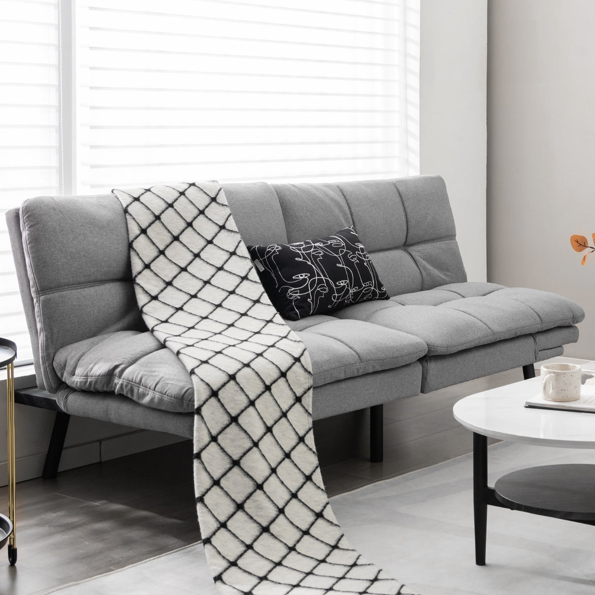 Sofá Cama Dobrável de 3 Lugares Futon Conversível em Espuma Viscoelástica com Encosto e Apoios de Braços Ajustáveis para Casa e Escritório Cinzento