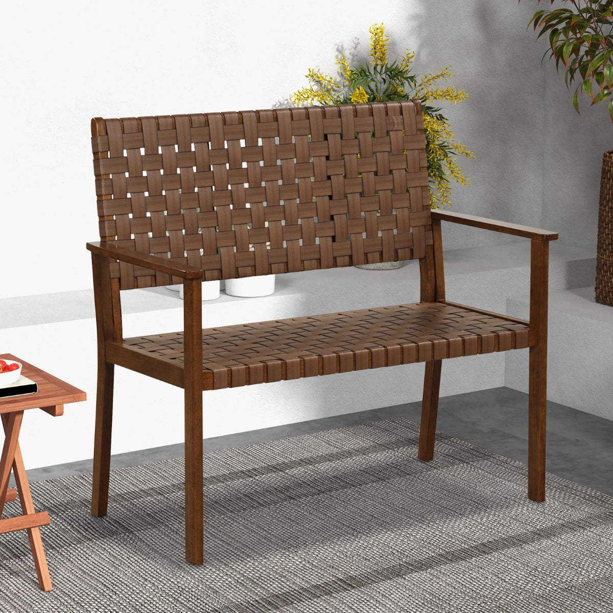 Banco de Jardim Exterior – 108 x 57 x 101 cm – Natural – Madeira de Borracha e Couro PU