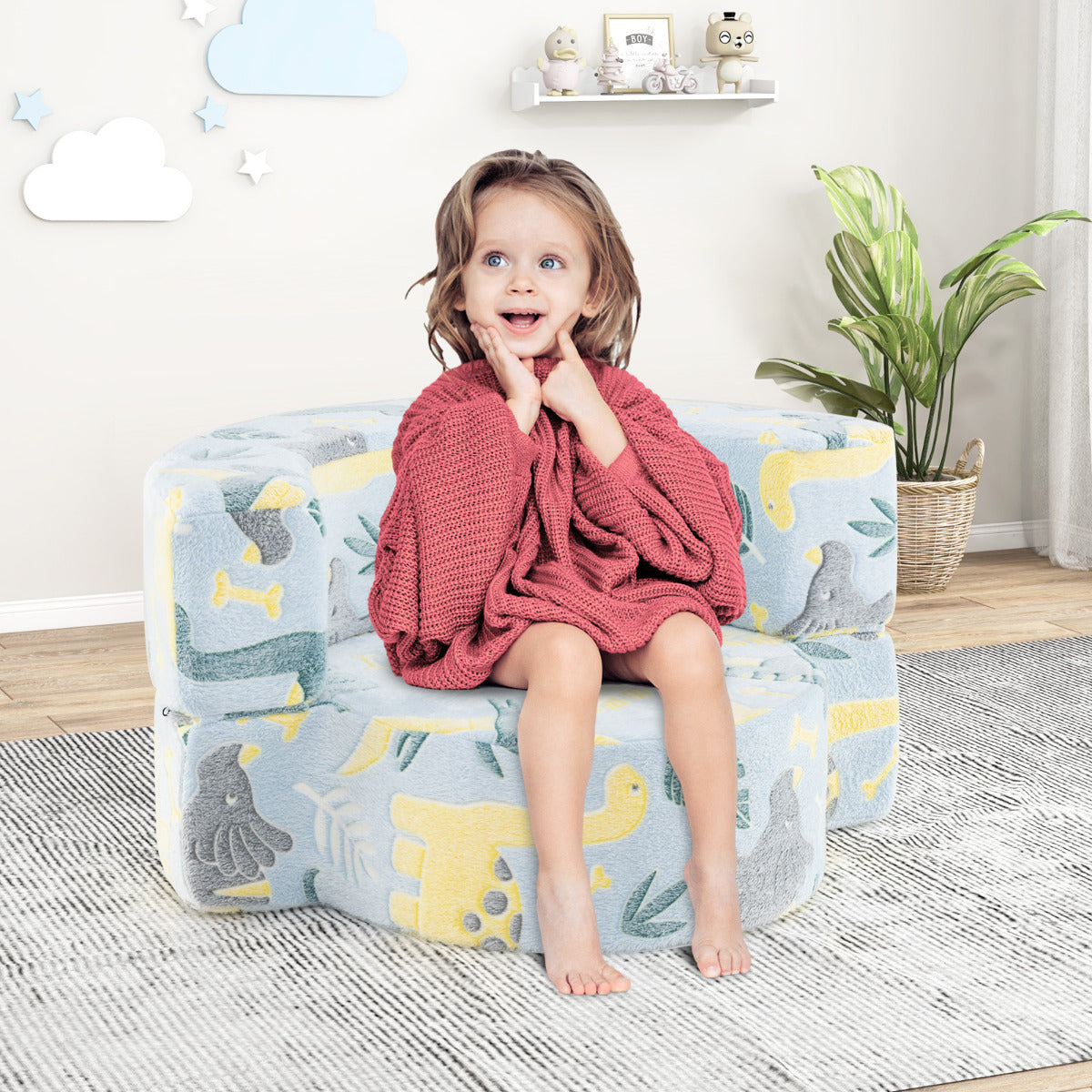 Sofá Infantil 2 em 1 – Azul – Tecido de flanela