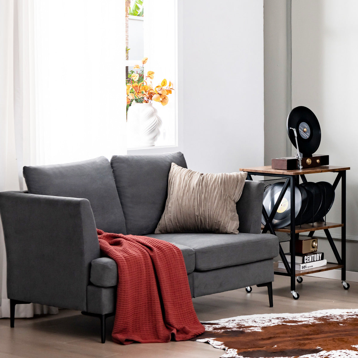 Sofá Loveseat Moderno de Duas Lugares Estofado com Almofadas de Encosto Removíveis para Sala Apartamento Escritório 141 x 80 x 72 cm Cinzento