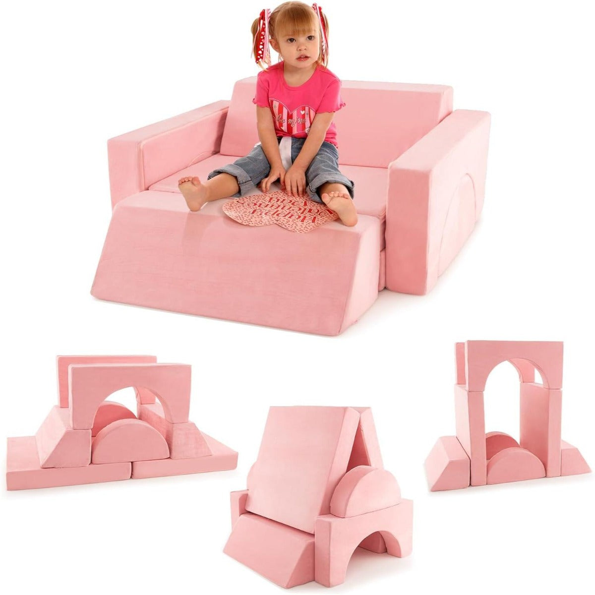 Conjunto de Sofá Modular Infantil – 8 Peças – Rosa – Camurça