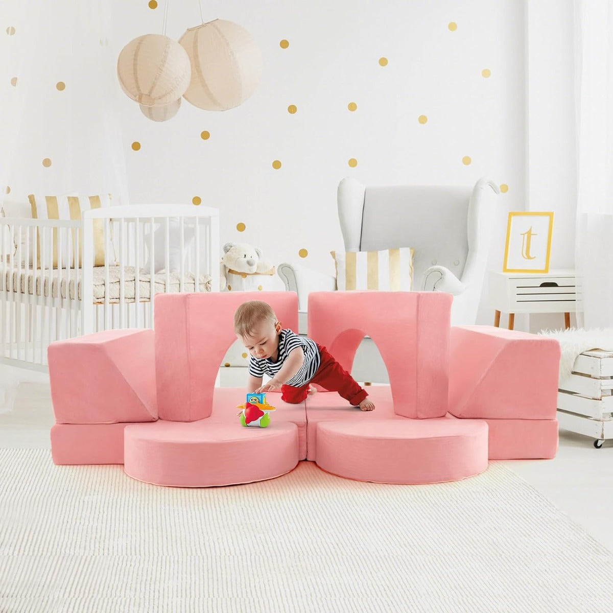 Conjunto de Sofá Modular Infantil – 8 Peças – Rosa – Camurça
