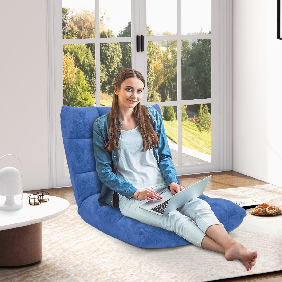 Sofá Preguiçoso Sofá Dobrável Encosto Ajustável 14 Posições Cadeira de Quarto Sala 105 x 56 x 15 cm Azul