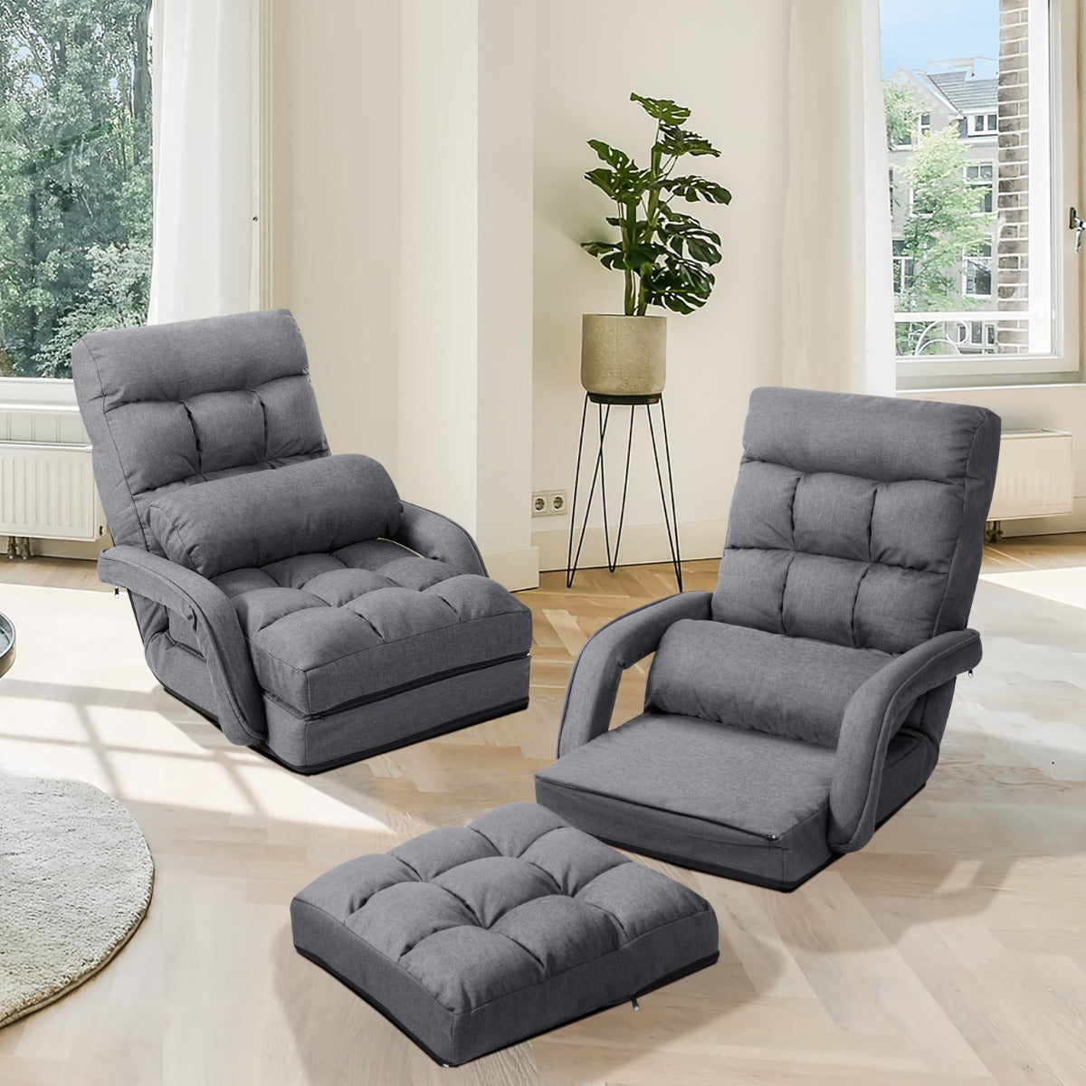 Sofá Preguiçoso Chaise Individual com Almofada Cadeira Multifuncional Cama Dobrável para Quarto Sala Varanda 67 x 65 x 72 cm Cinzento