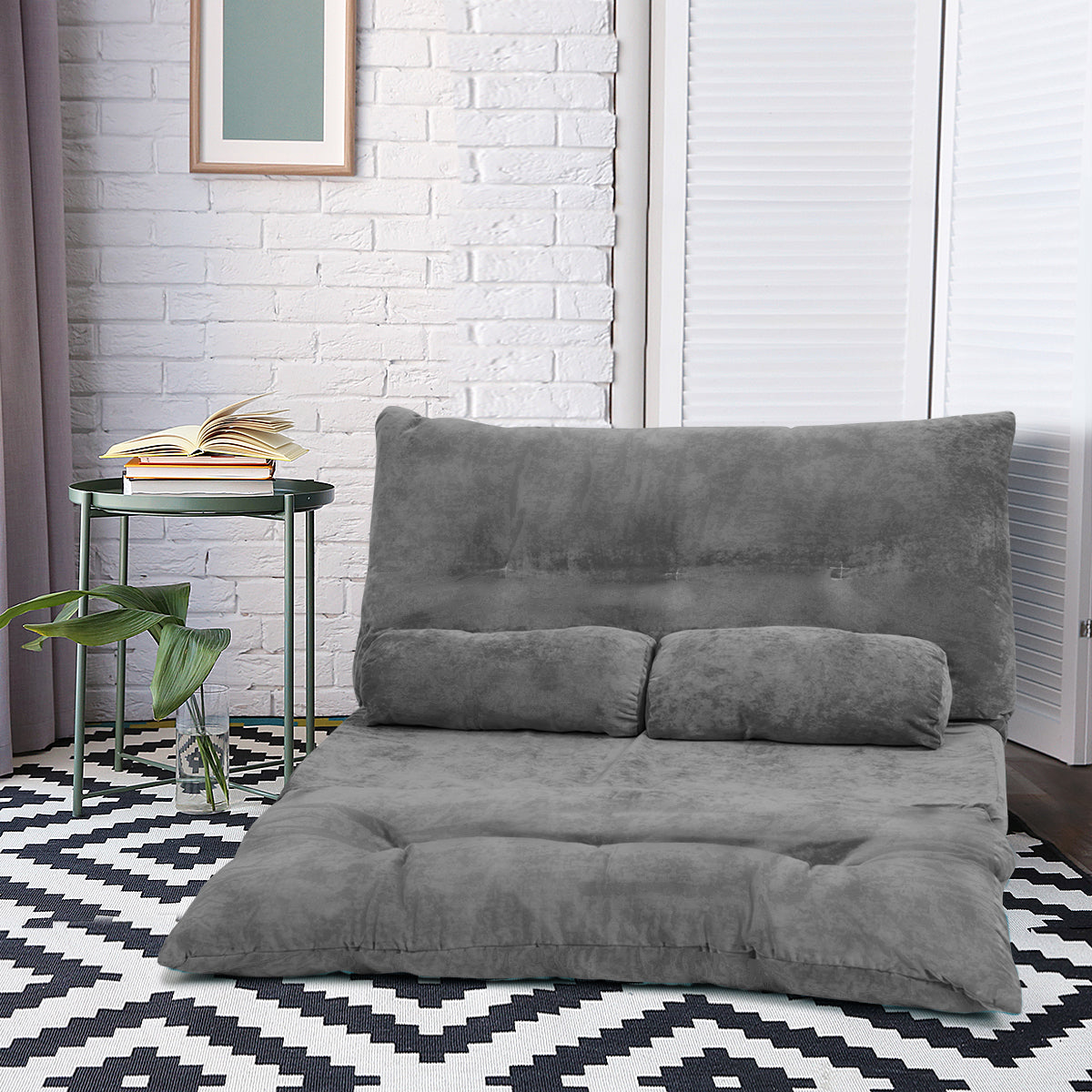 Sofá Baixo Sofá Cama Multifuncional Regulável em 6 Posições com 2 Almofadas Revestimento em Camurça para Quarto Sala Varanda Cinzento