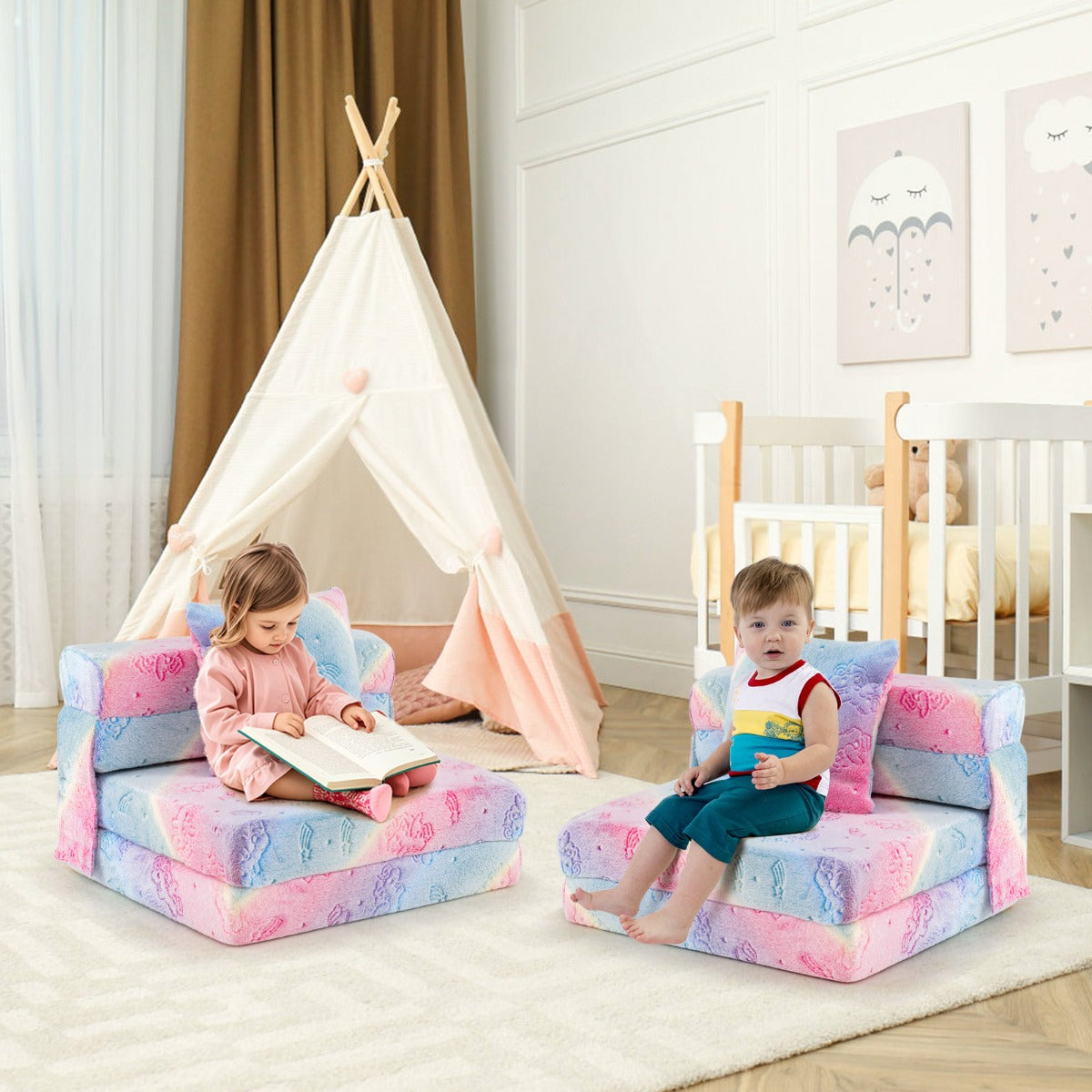 Sofá Cama Plegável para Crianças com Almofada e Capa Lavável à Máquina para Sala de Estar para Maiores de 3 Anos 168 x 66 x 10 cm Multicolor