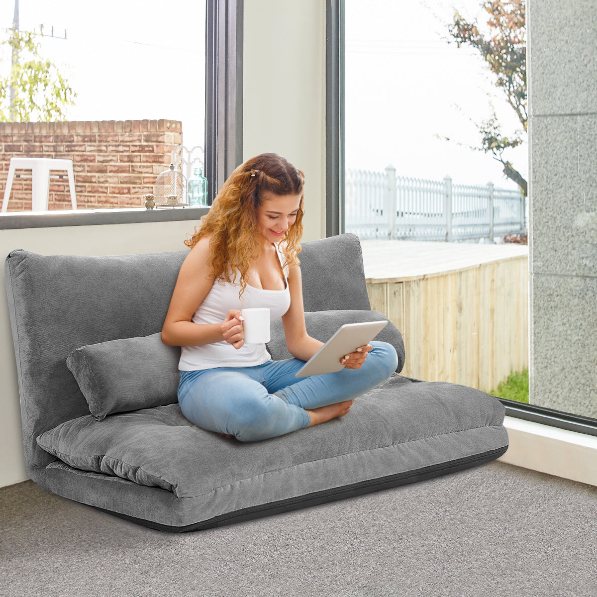Sofá Cama Rebatível 3 em 1 com Encosto Ajustável e 2 Almofadas em Camurça para Quarto Sala Varanda 173 x 156 x 24 cm Cinzento