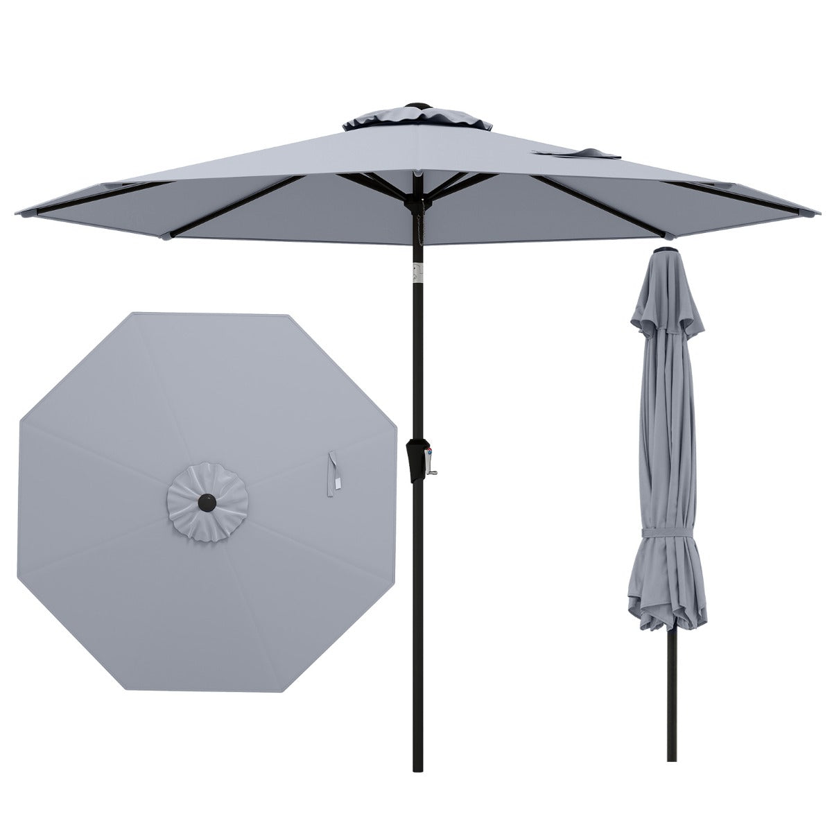 Guarda-Sol de Pátio de 270 cm com 8 Varetas Robustas Toldo Ventilado Resistente com Inclinação de Botão - Cinzento