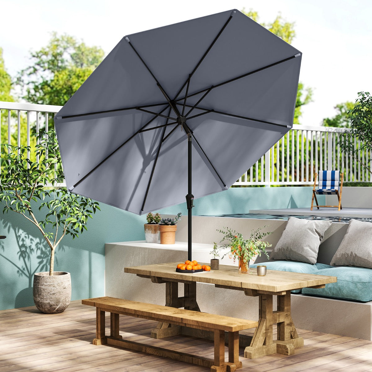 Guarda-Sol de Pátio de 270 cm com 8 Varetas Robustas Toldo Ventilado Resistente com Inclinação de Botão - Cinzento