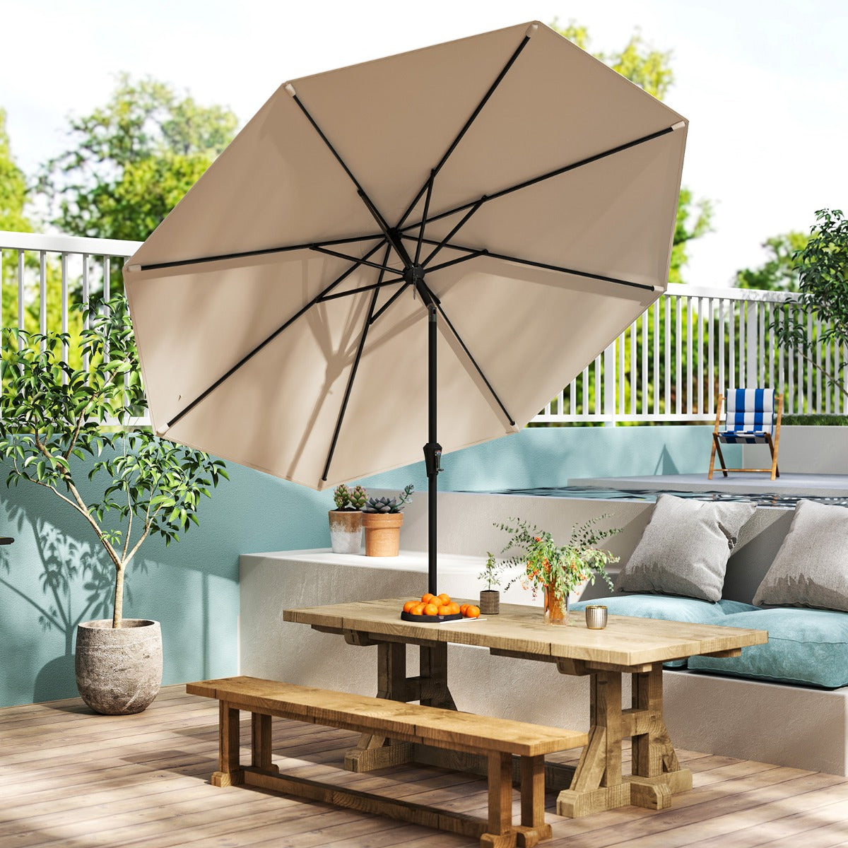 Guarda-sol de Pátio de 270 cm com 8 Varetas Robustas Toldo Ventilado Resistente com Inclinação por Botão - Castanho