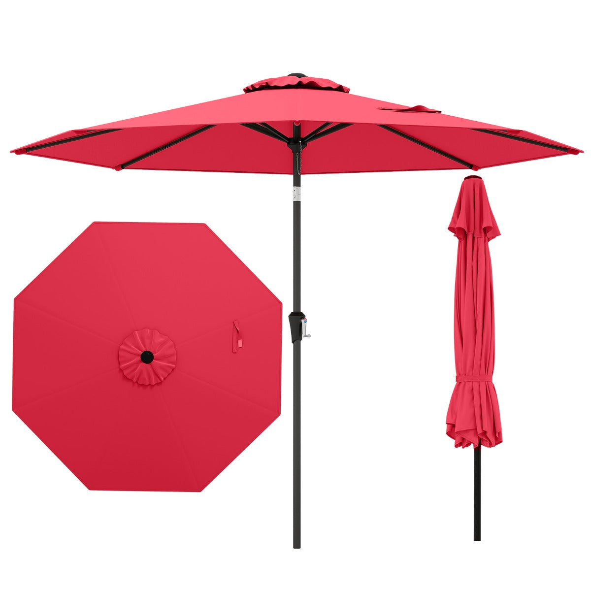 Guarda-Sol de Pátio de 270 cm com 8 Varetas Robustas Toldo Ventilado Resistente com Inclinação de Botão - Vermelho Vinho