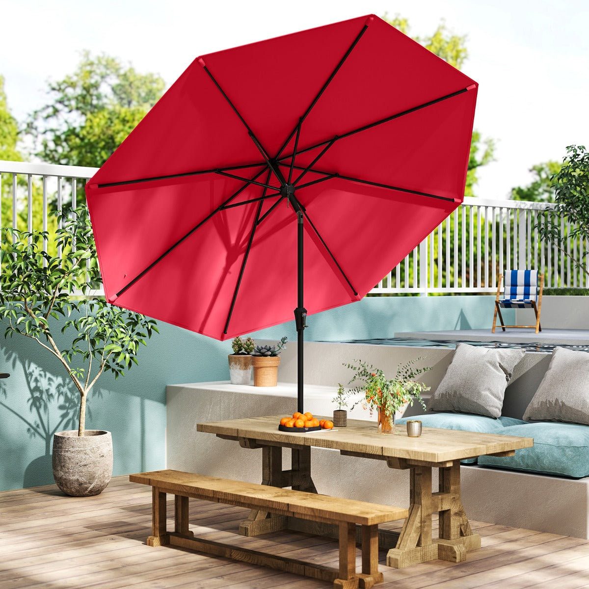 Guarda-Sol de Pátio de 270 cm com 8 Varetas Robustas Toldo Ventilado Resistente com Inclinação de Botão - Vermelho Vinho