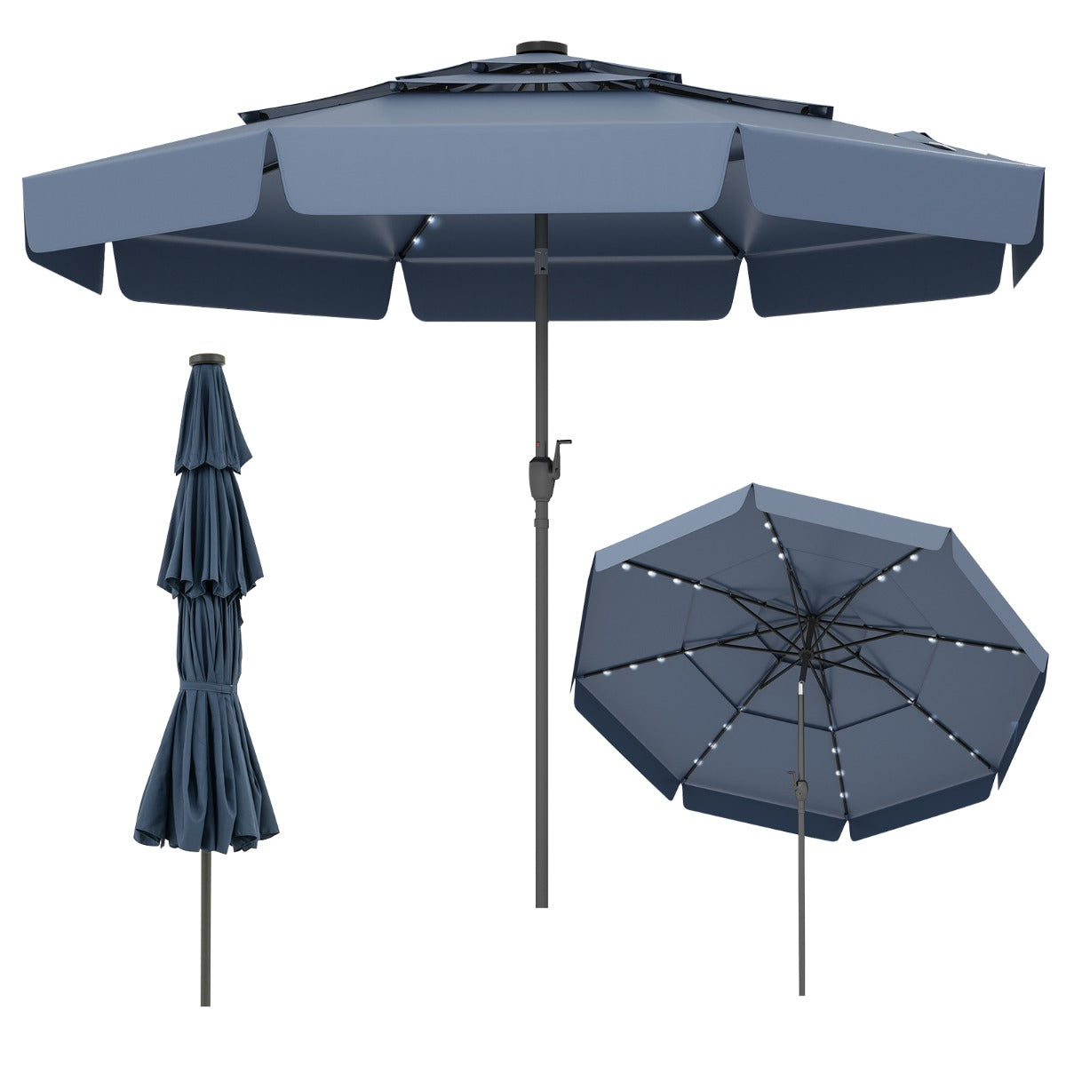Guarda-Sol de Pátio Solar de 300 cm com 32 Luzes LED Topo Ventilado de 3 Níveis Ajuste de Inclinação - Azul Marinho