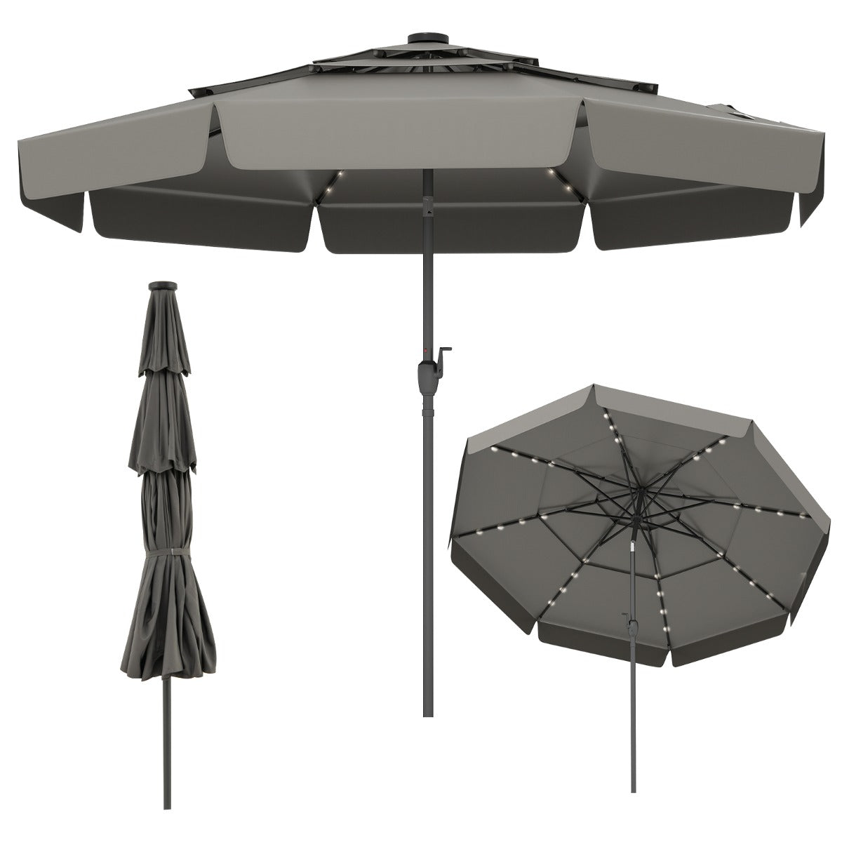 Guarda-Sol de Pátio Solar com 300 cm e 32 Luzes LED - Cinzento