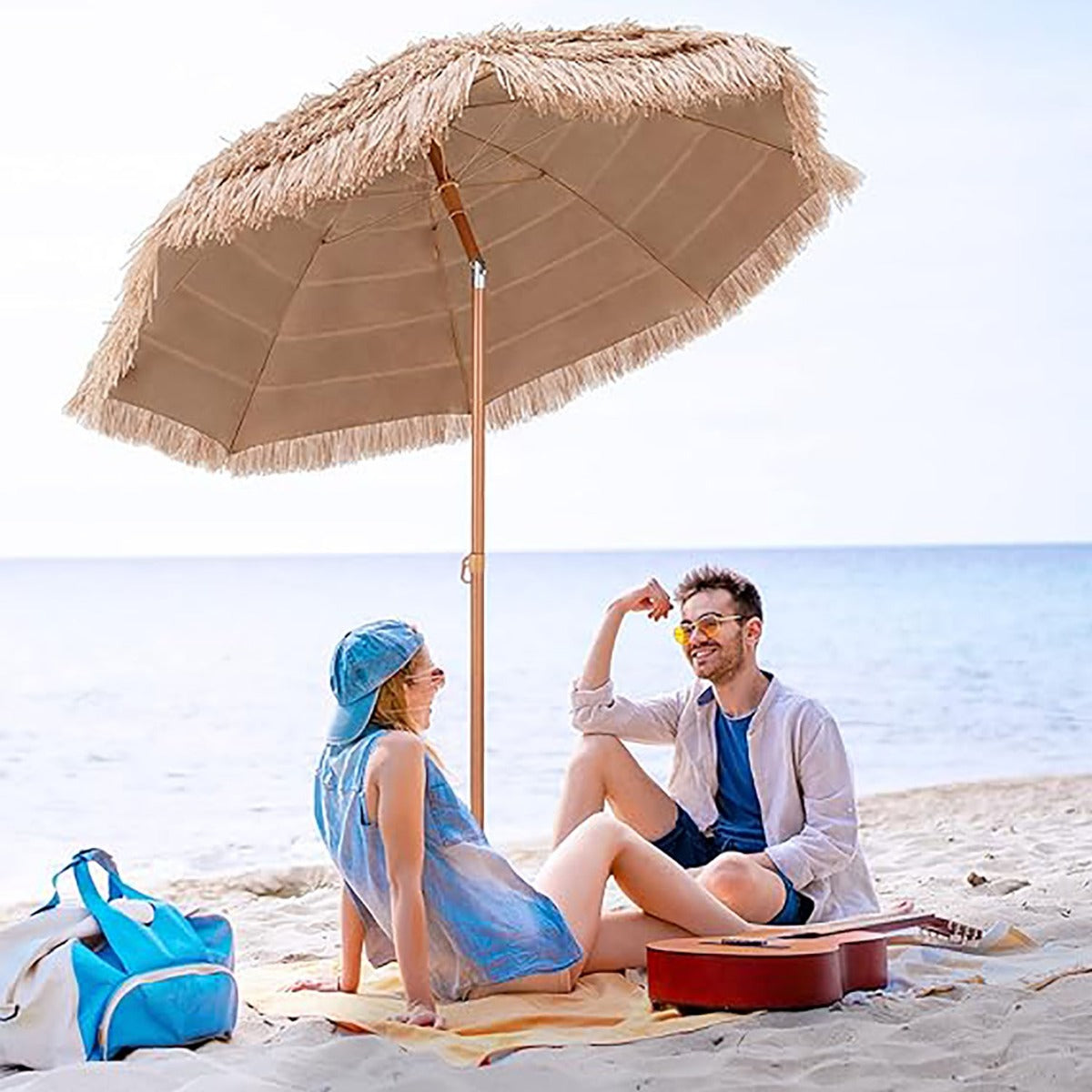 Guarda-Sol de Praia Ø 220 cm Sombrinha Havaiana de Palha PP Inclinável com 8 Varetas e Proteção UV - Base não Incluída