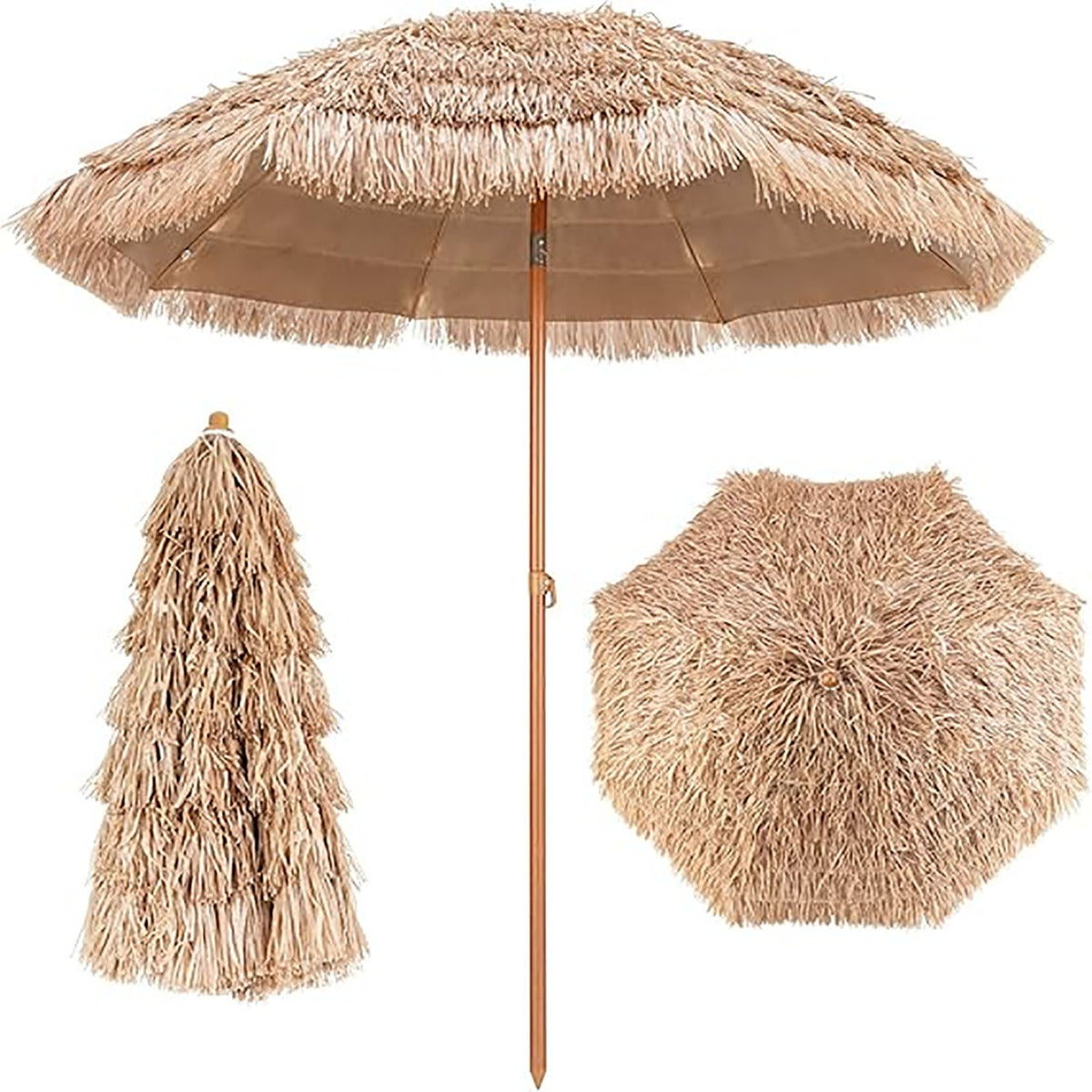 Guarda-Sol de Praia Ø 220 cm Sombrinha Havaiana de Palha PP Inclinável com 8 Varetas e Proteção UV - Base não Incluída