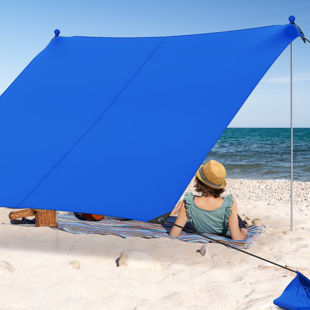 Toldo de Praia Portátil para 4-8 Pessoas com 3m de Diâmetro, Proteção UV e Bolsa de Transporte Azul