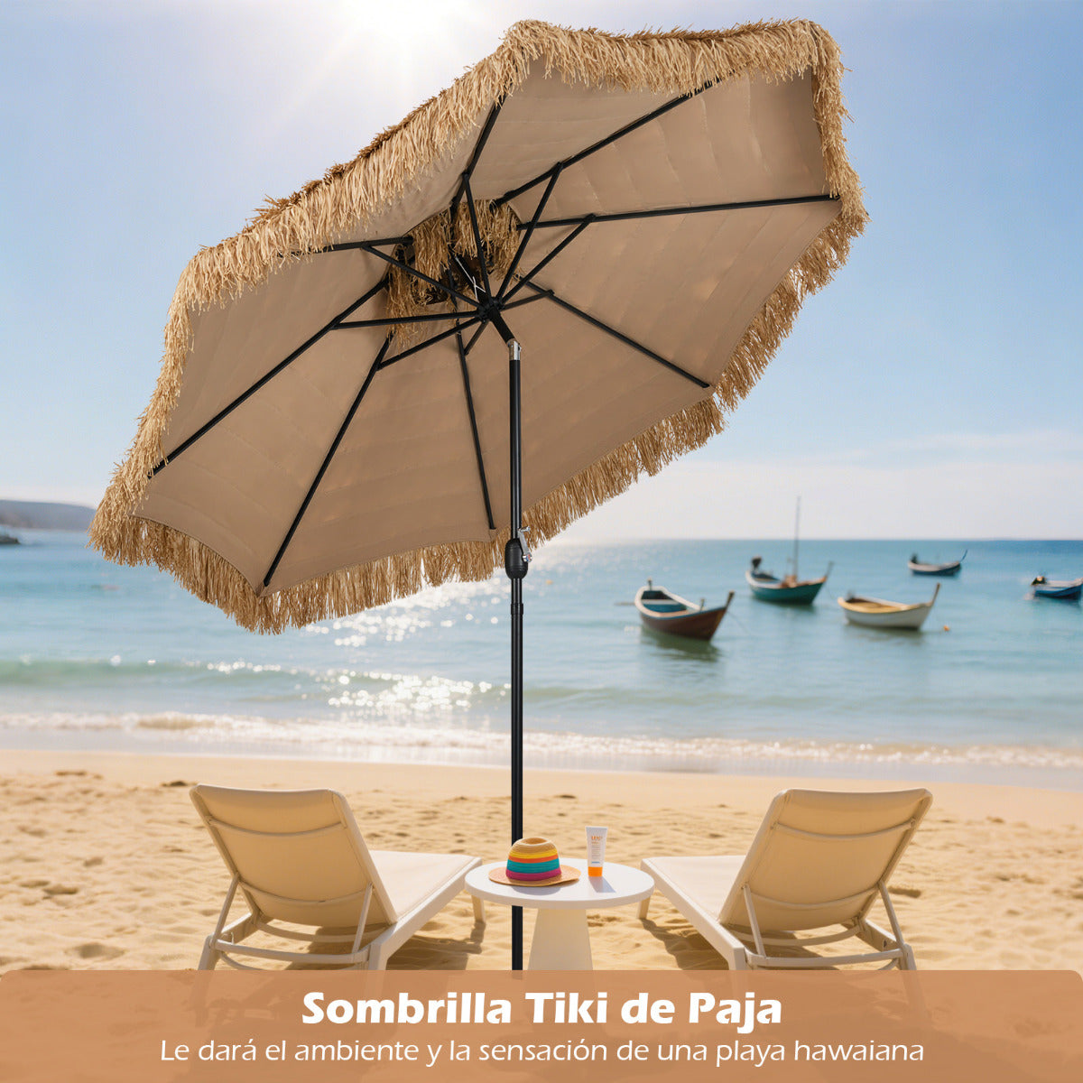 Guarda-Sol de Praia Tiki de Telhado de 299 cm Estilo Havaiano com Manivela de Fácil Ajuste de Inclinação e 8 Varetas