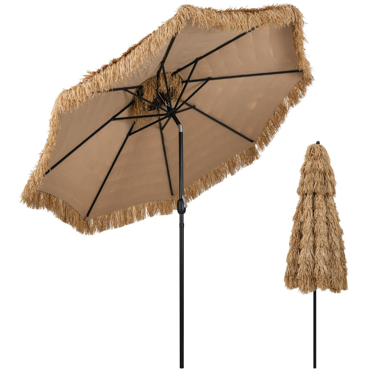 Guarda-Sol de Praia Tiki de Telhado de 299 cm Estilo Havaiano com Manivela de Fácil Ajuste de Inclinação e 8 Varetas