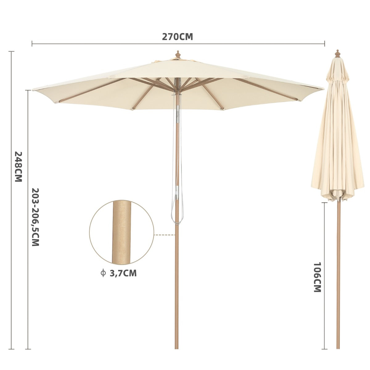 Guarda-Sol de Terraço Exterior – 2,7 m – Bege – Poliester