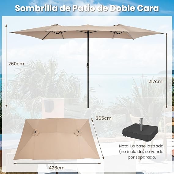 Guarda-Sol Dupla 426x265cm Grande com Manivela Proteção Solar UV e Teto de Ventilação Guarda-sol para Jardim Praia Café